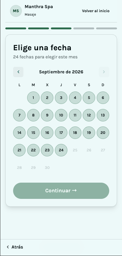 Portal de reservas de Citago mostrando el paso de elegir una fecha disponible para la cita